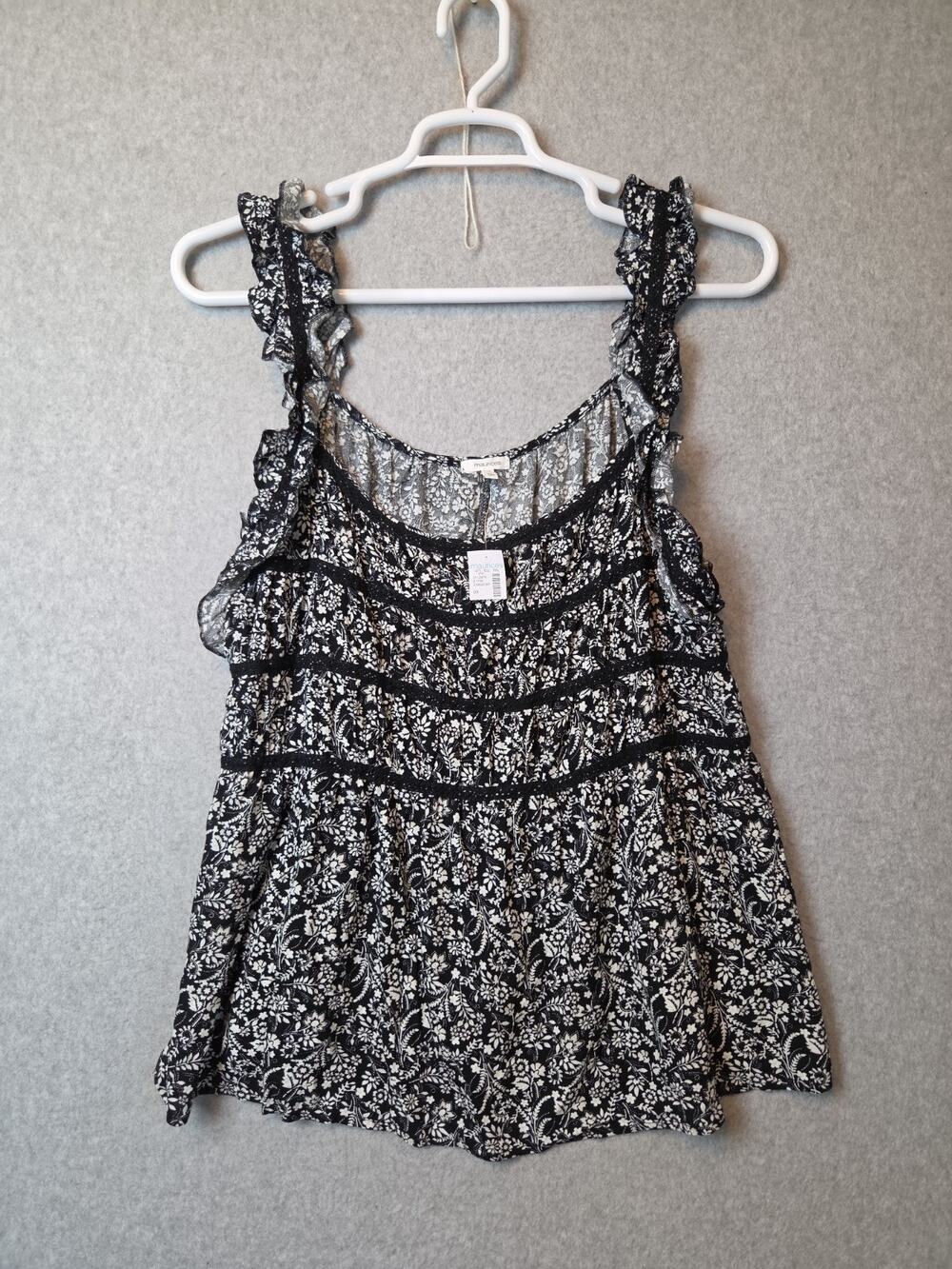 NWT Maurices Black Floral Ruffle Strap Swing Rayon Tank Top Women's Plus 0X